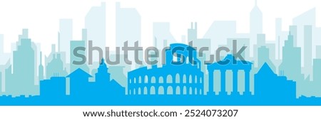 Blue panoramic city skyline poster with bluish misty transparent background buildings of ROME, ITALY