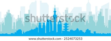 Blue panoramic city skyline poster with bluish misty transparent background buildings of TOKYO, JAPAN