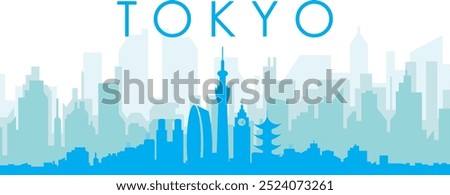 Blue panoramic city skyline poster with bluish misty transparent background buildings of TOKYO, JAPAN