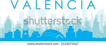 Blue panoramic city skyline poster with bluish misty transparent background buildings of VALENCIA, SPAIN