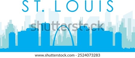 Blue panoramic city skyline poster with bluish misty transparent background buildings of ST. LOUIS, UNITED STATES