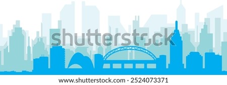 Blue panoramic city skyline poster with bluish misty transparent background buildings of NEWCASTLE, UNITED STATES