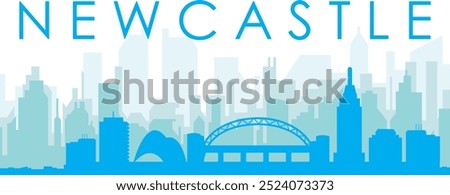 Blue panoramic city skyline poster with bluish misty transparent background buildings of NEWCASTLE, UNITED STATES