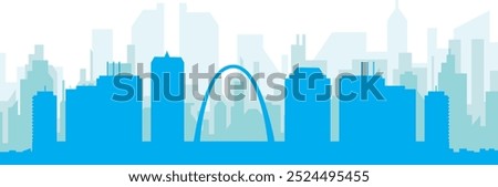 Blue panoramic city skyline poster with bluish misty transparent background buildings of ST. LOUIS, UNITED STATES