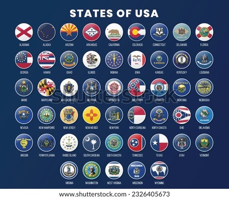 Flags of The States of USA, sorted alphabetically. Pin icon design, sticker design. Vector flag collections of the United States of America
