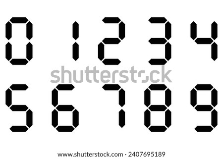 Digital display of digits. Icon set. Black numbers, numerals. Scoreboard, clock, stopwatch, calculator, electronic meter. Seven segment. Vector image