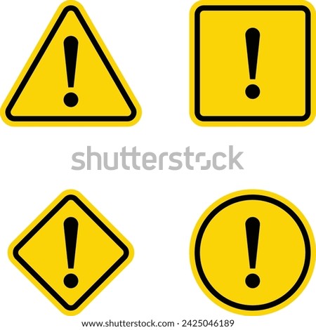 Yellow Warning Dangerous attention icon set, danger symbol, filled flat sign, solid pictogram, isolated on white. Exclamation mark symbol. Alert caution warn. Road Industry Safety Advisory Signal