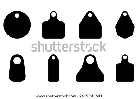 Set of Cow cattle Tag icon. Ear tags signs beefs symbols. Black Fill identification label for farm animals. Earmark mockup for livestock Vector.