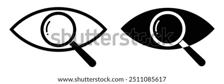 Preview icon. Research symbol. Sign eye and lens. Eye with Magnifying glass. Vector illustration.