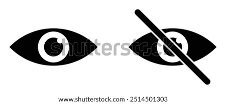 Eye and no eye vector icon set. See and unsee symbol. Show and hide sign. Don't look eye watch. Incognito, Hidden, Invisible.