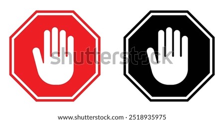 Stop hand sign. Black and red vector icon set. Forbidding sign with hand. No entry. Prohibited warning octagon symbol.