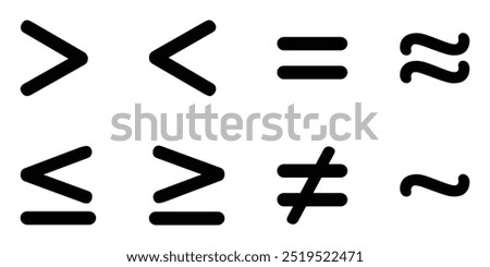 Comparison symbol vector icon set. Less, greater than  or equal to, approximately equal to, not equal to, similar to, equal to.