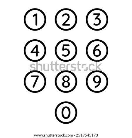 Number symbol vector icon set. Numbers in circle. Pictogram collection for education. 0, 1, 2, 3, 4, 5, 6, 7, 8, 9.