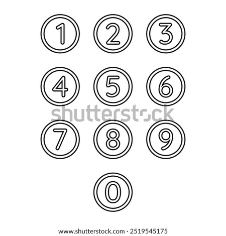 Number symbol vector icon set. Numbers in circle. Pictogram collection for education. 0, 1, 2, 3, 4, 5, 6, 7, 8, 9.