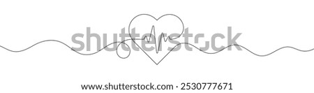 Continuous line drawing of heart with heartbeat. Pulse trace. Cardiogram icon. One line drawing. Single line art. Vector illustration.