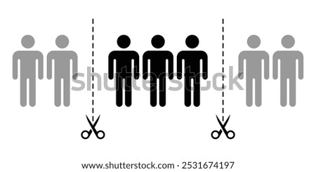 Group of people and collective are being reduced and cut apart by scissors. Downsizing and suspension of redundant individuals. Layoff, dismissal, redundancy concept. Vector illustration.