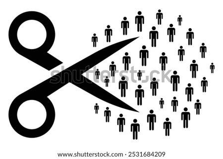 Group of people and collective are being reduced and cut apart by scissors. Downsizing and suspension of redundant individuals. Layoff, dismissal, redundancy concept. Vector illustration.