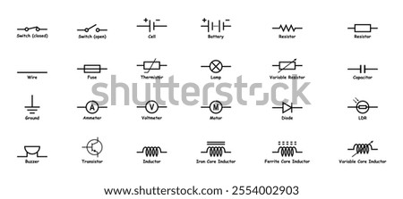 Electronic circuit symbols vector icon set. Electronic components. Schematic circuit diagrams. Switch, Cell, Battery, Resistor, Capacitor, Inductor, Wire, Fuse, Thermistor, Transistor, Lamp, Diode.