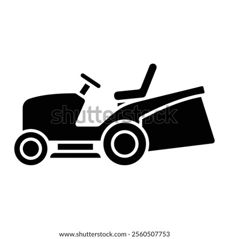 Lawn tractor vector icon. Lawnmower symbol for yard work, landscaping, and garden maintenance. Tractor grass cutter pictogram. Black silhouette isolated on white background.