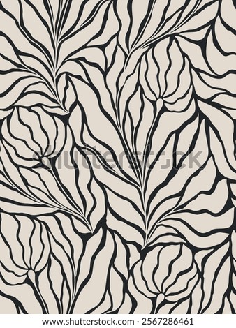 Seamless black and grey floral background with leaves. Hand drawn minimal abstract organic shapes pattern. Vector black abstact pattern with grey leaves and flowers.