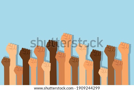 Group of fists raised in air. Group of protestors fists raised up in the air vector illustration 