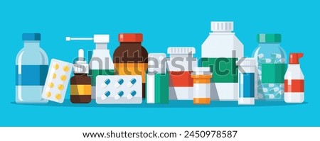 Group of Medicine bottles capsules vector illustration