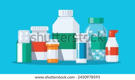 Group of Medicine bottles capsules vector illustration