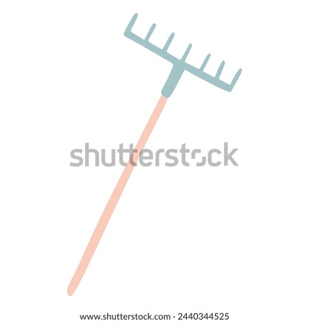 Rake on white background isolated. Metal rake with Wooden hand in style Flat. Garden tool Vector Cartoon Illustration design. Gardening Equipment on White, House holding Concept Design Object.