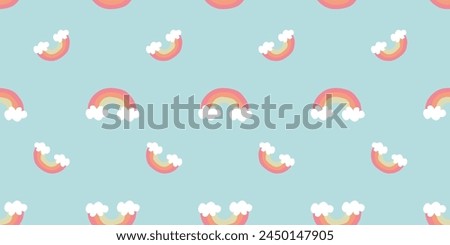 Cloud Background, Rainbow Seamless Pattern, Cartoon Vector Illustration, Blue Sky Template for Kid Clothes, Fabric, Textile, Wrapping paper. Fashion Decorative Graphic Sample for Wallpaper, Cover