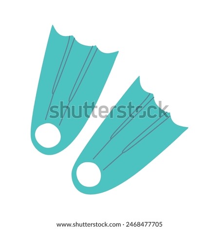 Cute Blue diving Flippers, isolated on white, vector Icon. Flat cartoon illustration, clipart. Doodle Design Object, Vacation, Sport and Leisure activity Concept. Graphic Art Snorkeling Equipment