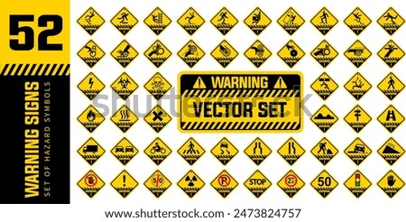 Isolated hazardous symbols on yellow round triangle board warning sign. Set of safety and caution signs. Signs of danger and alerts.