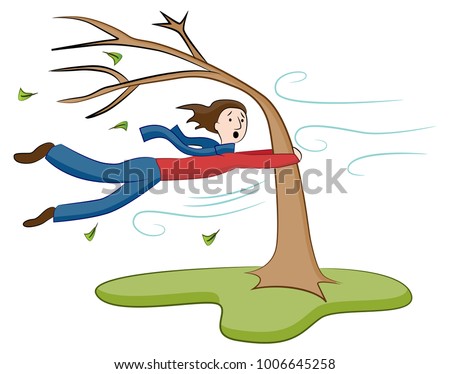 An image of a Man Holding On To Tree on Windy Day.