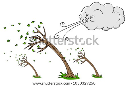An image of a Windy Day Trees and Cloud Blowing Wind cartoon.