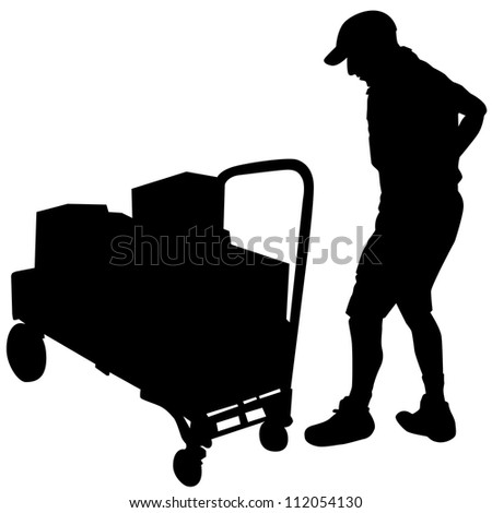 An image of a delivery man and cart with boxes.