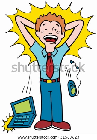 Stressed Man : Cartoon Of A Man Dropping His Laptop And Phone While ...