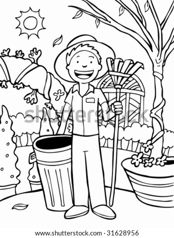 Gardener Cartoon Line Art: Landscaper With Trashcan And Rake. Stock ...