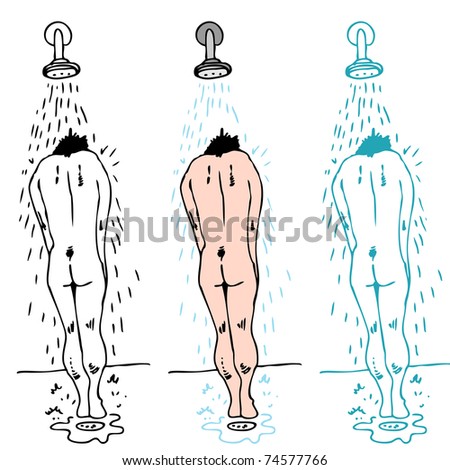 An image of a man standing under a showerhead taking a shower.