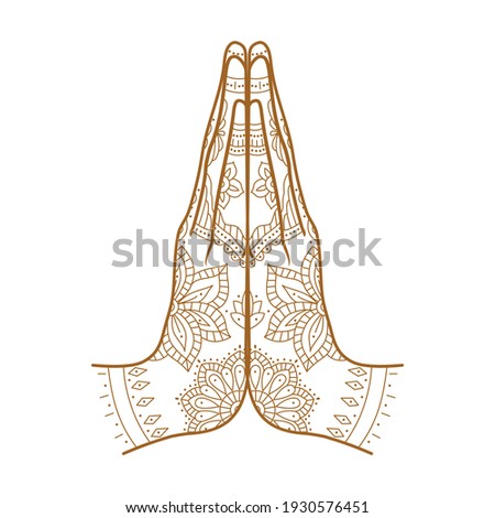 Mudra Namaste. Ornate hands folded in a welcome gesture. Mehendi - henna ornament on body. Vector illustration