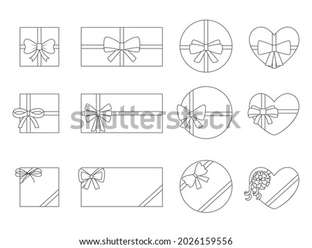 Collection of gift boxes of different shapes with bows and ribbons. Gifts top view. Linear vector illustration isolated on white background