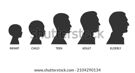 The stages of a man's growing up - infant, child, teen, adult, elderly. Collection of silhouettes of men of different ages. Vector illustration isolated on white background