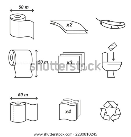 Toilet paper packaging icons collection - roll length, number of layers, softness and others. Vector illustration isolated on a white background