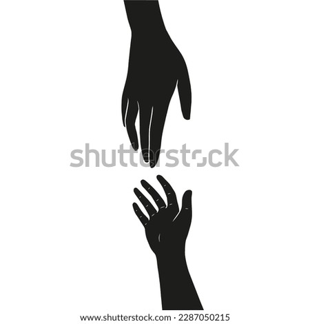 Adult's and kid's hands are drawn to each other. Black silhouettes isolated on white background. Vector illustration