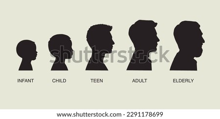 The stages of a man's growing up - infant, child, teen, adult, elderly. Collection of silhouettes of men of different ages. Vector illustration 