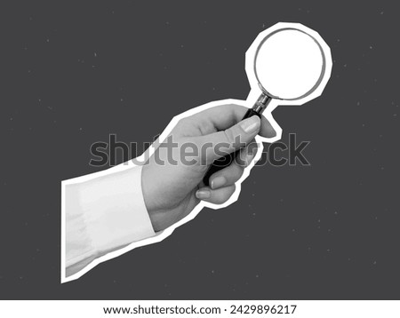 Black and white hand in a white shirt holds a magnifying glass - element for collage. Vector illustration