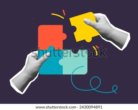 Black and white hands putting together puzzles - modern collage. Vector illustration