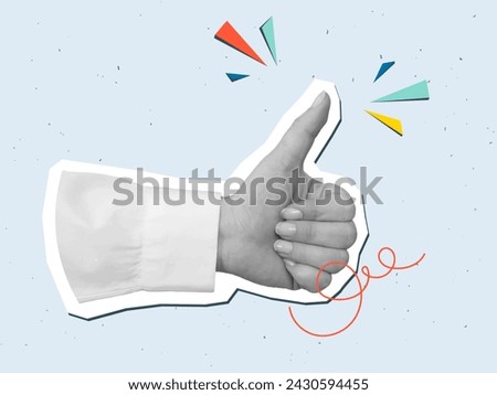 Black and white hand in a white shirt shows a thumbs up gesture - element for collage. Vector illustration