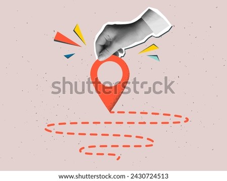 Black and white hand holds a red location pin. Destination sign in an arm in a modern collage style. Vector illustration