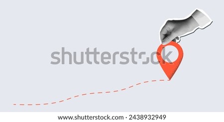 Black and white hand holds a red location pin. Destination sign in an arm in a modern collage style. Vector illustration