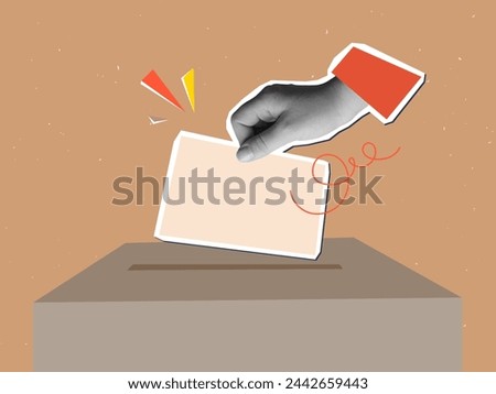 Hand putting a form in a ballot box. Vector illustration in a modern collage style