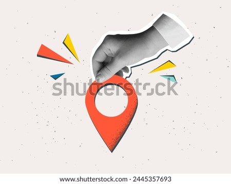 Black and white hand holds a red location pin. Destination sign in an arm in a modern collage style. Vector illustration